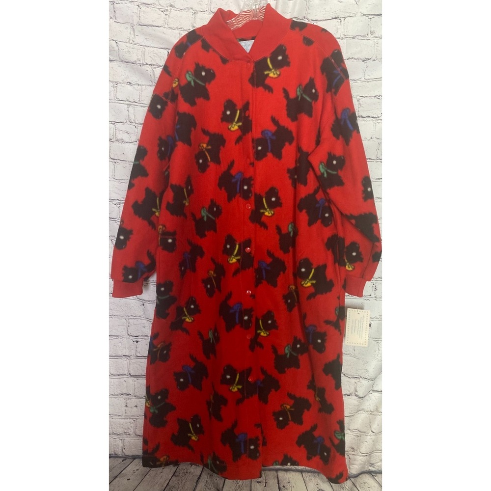 NWT Comfort Exchange Womens House Coat Robe L Red Fleece Scottie Dog Lover